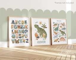 Set Of 3 Personalised Dinosaur Posters, T-Rex Poster, Alphabet Print, Chart Dino Bedroom Decor - thumbnail 1