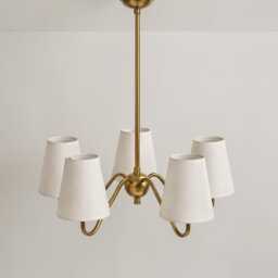 Modern Large Chandelier Sputnik Style Mid-Century 1950S Stilnovo Brass Italian Ceiling Flush Mount Fixture Linen Shades, 5-Light - thumbnail 3