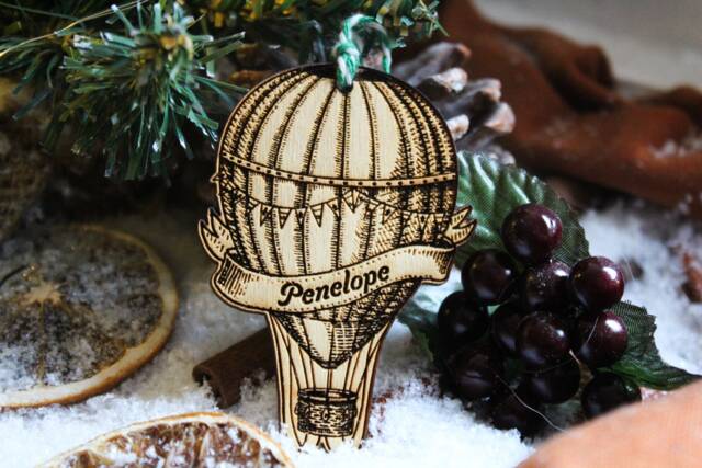 Personalised Hot Air Balloon Christmas Ornament Wood Custom Bauble Laser Engraved Rustic Wooden Name Personalise Tree Decoration Irish - image 1