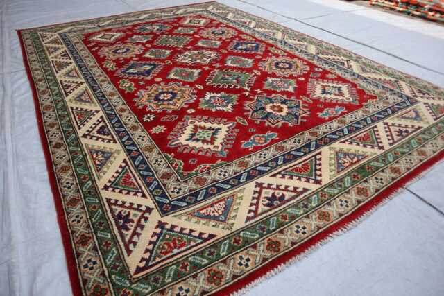 6x8 Ft Afghan Luxury Area Rug, Red New Kazak Hand Knotted Rug, Medallion Geometric Carpet, Rug For Living Room Carpet - image 1