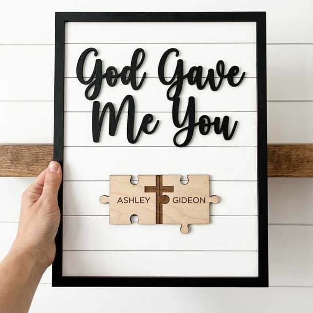 Personalized Couple Name Sign God Gave Me You Wooden Wall Art Custom Wedding Anniversary Gift For Christian Home Decor Puzzle Cross - image 1