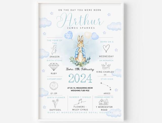 Peter Rabbit On The Day You Were Born Personalised Baby Keepsake Print - Newborn Boy Gift Custom Birth Details New Mum - image 1