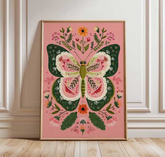 Vibrant Butterfly Art Print, Boho Botanical Poster, Cottagecore Wall Art, Pink & Green Gallery Wall, Modern Folk Nature Lover Gift - image 1
