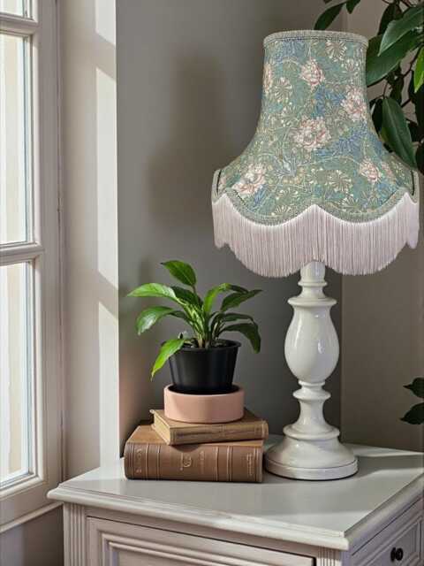William Morris Seaspray Honeysuckle Fabric Scalloped Lampshade Green Braid & Cream Fringe, Bespoke British Made - image 1