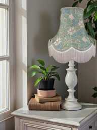 William Morris Seaspray Honeysuckle Fabric Scalloped Lampshade Green Braid & Cream Fringe, Bespoke British Made - thumbnail 1