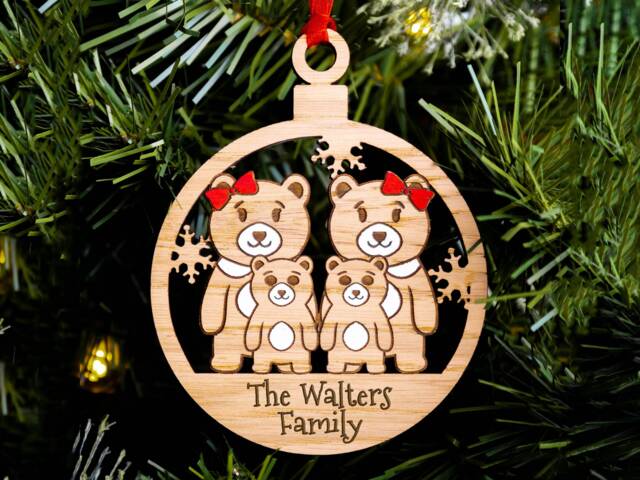 Cute Bear Family Christmas Tree Decoration, Personalised Engraved Xmas Bauble, Secret Santa, Lesbian Same Sex Mums Mummy Kids Of 4 - image 1