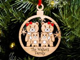 Cute Bear Family Christmas Tree Decoration, Personalised Engraved Xmas Bauble, Secret Santa, Lesbian Same Sex Mums Mummy Kids Of 4
