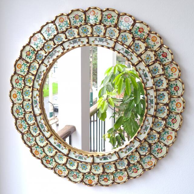 Peruvian Ivory Harmonious Mirror 60 cm Handmade Wall Decor - Carved Wood Round Elegant Statement For Living Room Bathroom - image 1