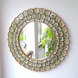 Peruvian Ivory Harmonious Mirror 60 cm Handmade Wall Decor - Carved Wood Round Elegant Statement For Living Room Bathroom - thumbnail 2