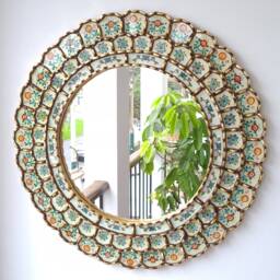 Peruvian Ivory Harmonious Mirror 60 cm Handmade Wall Decor - Carved Wood Round Elegant Statement For Living Room Bathroom - thumbnail 1