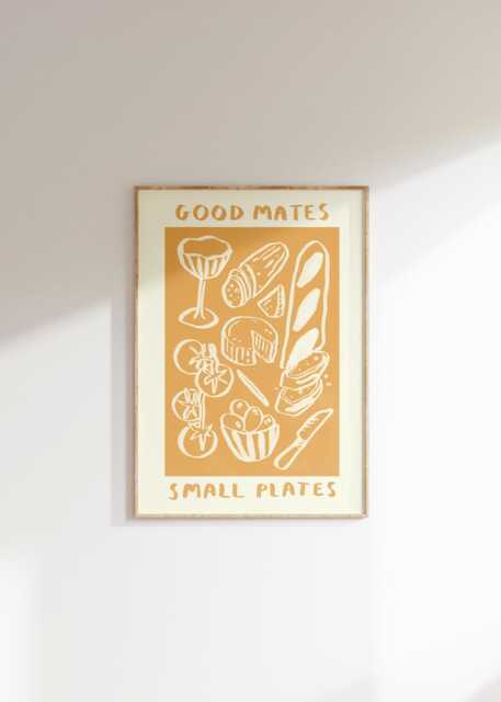 Good Mates & Small Plates Wall Print - Tapas Food Drink Poster Trendy Art Wine, Tomatoes, Cheese, Bread, Olives - image 1