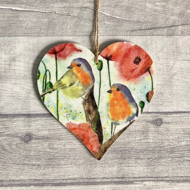 Robin Decoration, Wooden Poppy Ornament, Garden Bird Wall Decor, Gifts For Valentines Day - image 1