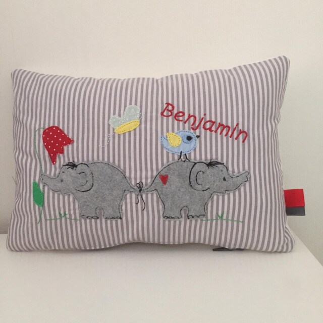 Personalized Cushion With Elephants 30 X 20 cm Gift For A Birth Christening Gray Stripes - image 1