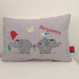 Personalized Cushion With Elephants 30 X 20 cm Gift For A Birth Christening Gray Stripes - thumbnail 1