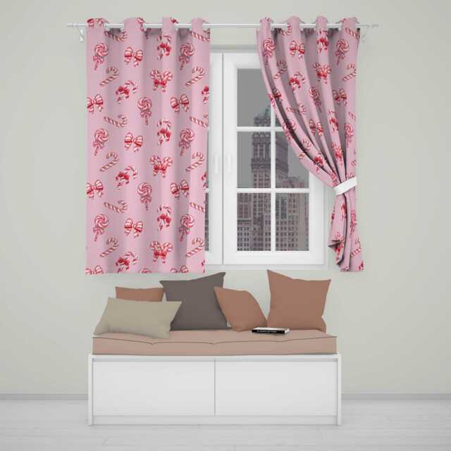Cute Christmas Candy Cane Ribbon Bow Pastel Pink Seamless Pattern Readymade Eyelet Ring Top Thermal 100% Blackout Curtains - image 1