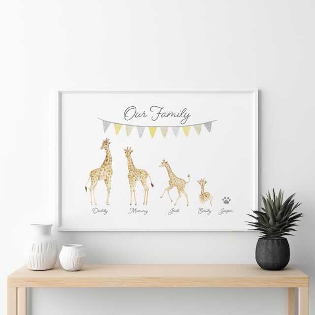 Giraffe Gift For Mum, Personalised Family Print With Bunting. Christmas Gift Mum Giraffes, Bunting & Names - image 1