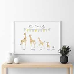 Giraffe Gift For Mum, Personalised Family Print With Bunting. Christmas Gift Mum Giraffes, Bunting & Names - thumbnail 1