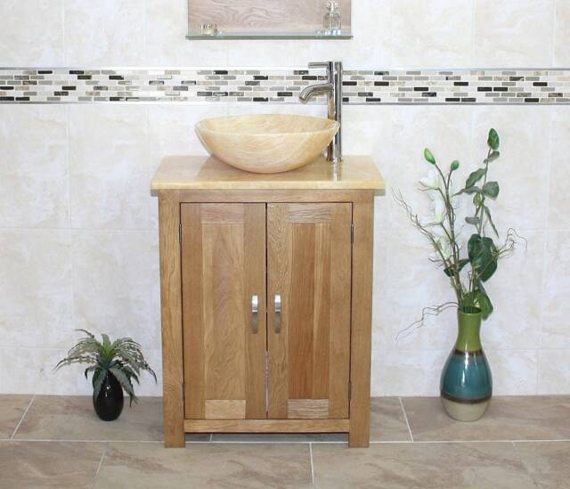 Solid Oak Bathroom Vanity - Golden Onyx Top & Basin, Slimline Design - image 1