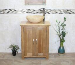 Solid Oak Bathroom Vanity - Golden Onyx Top & Basin, Slimline Design - thumbnail 1