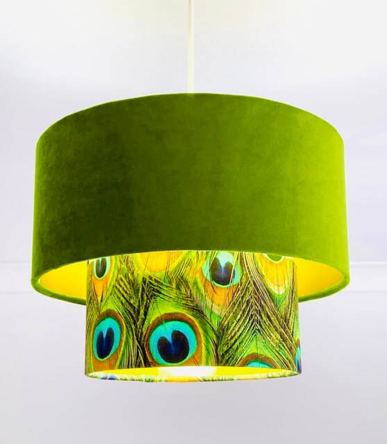 New Luxurious Handmade By Order Lime Green Velvet & Peacock Feathers Print Two Tier Pendant Lamp Light Shade With Metallic Lining - image 1