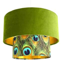New Luxurious Handmade By Order Lime Green Velvet & Peacock Feathers Print Two Tier Pendant Lamp Light Shade With Metallic Lining - thumbnail 2