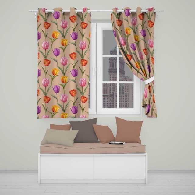 Elegant Tulip Floral Seamless Pattern Warm Peach Background Readymade Eyelet Ring Top Thermal 100% Blackout Curtains - image 1