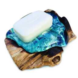 Teak Root Glass Soap Dish Rectangle, Hand-Blown Rectangular On Base