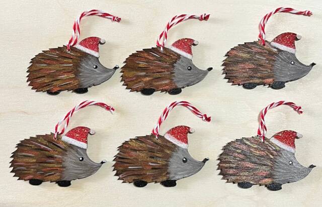 Hedgehog Christmas Tree Decorations, Set Of Six Original Art & Hand Painted. A Donation From Every Sale Is Made To Rachel's Hotel - image 1