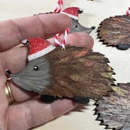 Hedgehog Christmas Tree Decorations, Set Of Six Original Art & Hand Painted. A Donation From Every Sale Is Made To Rachel's Hotel - thumbnail 3