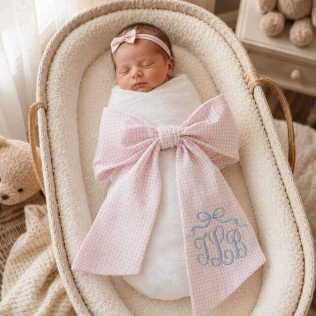 Personalized Embroidered Baby Name Newborn Bow Sash, Monogram Gingham Swaddle, Sash For Picture, Shower Gift - image 1