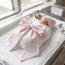 Personalized Embroidered Baby Name Newborn Bow Sash, Monogram Gingham Swaddle, Sash For Picture, Shower Gift - thumbnail 3