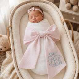 Personalized Embroidered Baby Name Newborn Bow Sash, Monogram Gingham Swaddle, Sash For Picture, Shower Gift - thumbnail 1