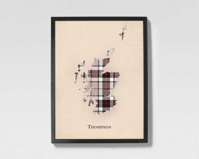 Clan Thompson Grey Scottish Tartan Map - Of Scotland Family Wall Decor, Ready To Hang - image 1