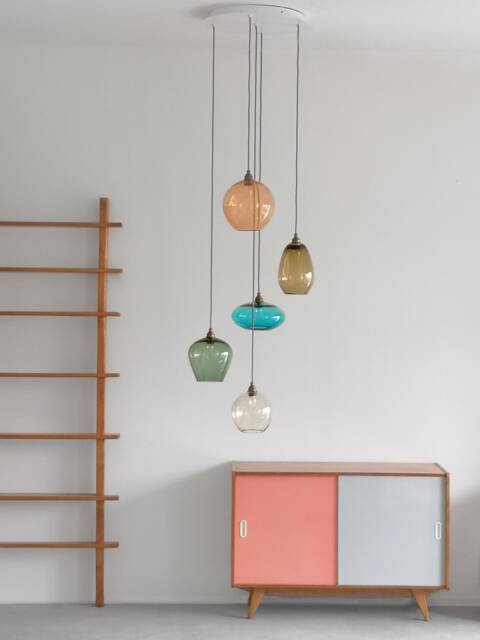 stairwell Chandelier - 5 Mixed Colored Glass Pendants - image 1