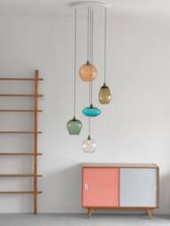 stairwell Chandelier - 5 Mixed Colored Glass Pendants - thumbnail 1