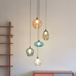 stairwell Chandelier - 5 Mixed Colored Glass Pendants - thumbnail 3