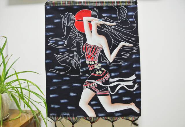 Vintage Batik Painting Tapestry, The Moon Lady, Good Luck For Artist, Indigo Wall Hanging - image 1