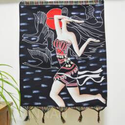 Vintage Batik Painting Tapestry, The Moon Lady, Good Luck For Artist, Indigo Wall Hanging - thumbnail 2