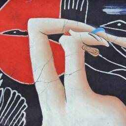 Vintage Batik Painting Tapestry, The Moon Lady, Good Luck For Artist, Indigo Wall Hanging - thumbnail 3