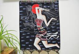 Vintage Batik Painting Tapestry, The Moon Lady, Good Luck For Artist, Indigo Wall Hanging - thumbnail 1