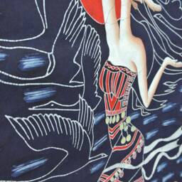 Vintage Batik Painting Tapestry, The Moon Lady, Good Luck For Artist, Indigo Wall Hanging - thumbnail 4