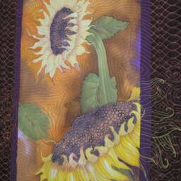 Sunflowers Art Quilt Quilted Wall Hanging Hand Painted Fiber Quiltsy Handmade - thumbnail 3