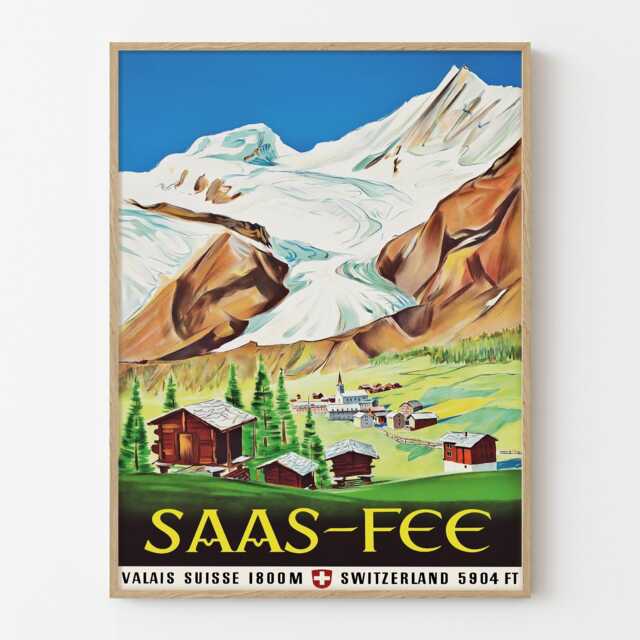 Saas Fee Switzerland Vintage Travel Poster, Swiss Alps Retro Tourism Wall Art Print - image 1