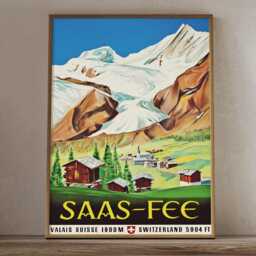 Saas Fee Switzerland Vintage Travel Poster, Swiss Alps Retro Tourism Wall Art Print - thumbnail 2