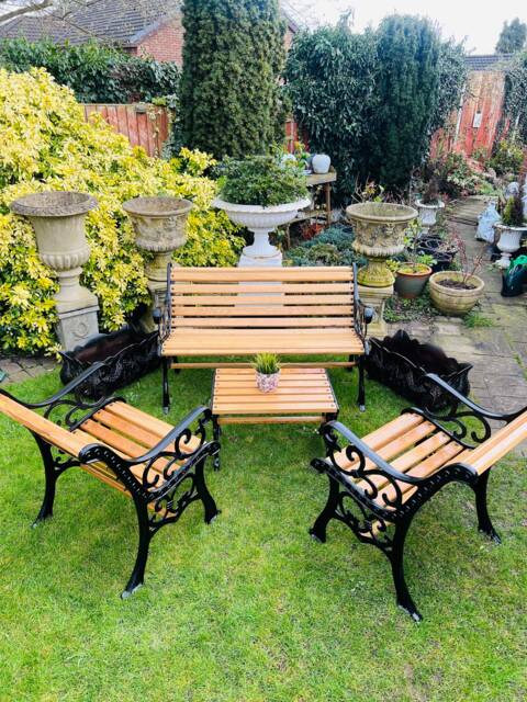 Garden Furniture Bench, Two Chairs & Table, Cast Iron Oak - image 1