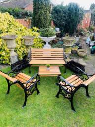 Garden Furniture Bench, Two Chairs & Table, Cast Iron Oak