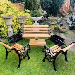 Garden Furniture Bench, Two Chairs & Table, Cast Iron Oak - thumbnail 2