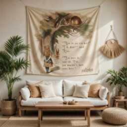 Alice in Wonderland Wall Tapestry - Fantasy Boho Hanging, Mad Hatter Tea Party Decor, Whimsical Bedroom Fairytale - thumbnail 2