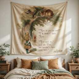 Alice in Wonderland Wall Tapestry - Fantasy Boho Hanging, Mad Hatter Tea Party Decor, Whimsical Bedroom Fairytale - thumbnail 3