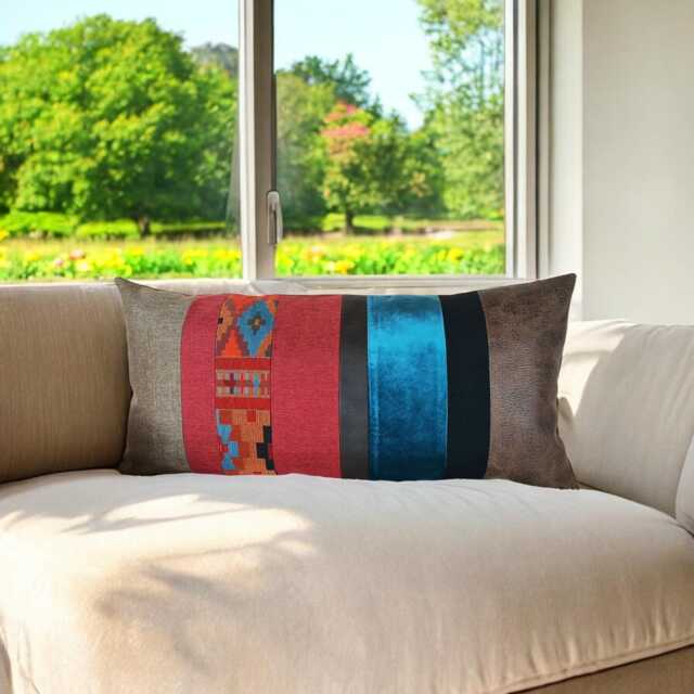 Ethnic Lumbar Pillow Cover Velvet, Faux Leather & Cotton, 14x29 Inch - image 1